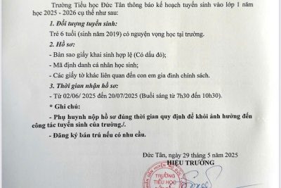 Thông báo Tuyển sinh Lớp 1 – Năm học: 2025-2026